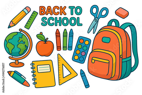 Fun vector flat illustration of school supplies and a backpack for back to school season