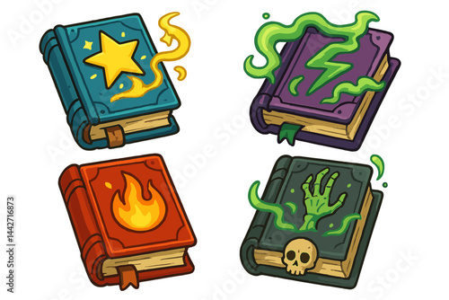Magical spellbooks featuring unique designs and vibrant colors for fantasy and gaming enthusiasts