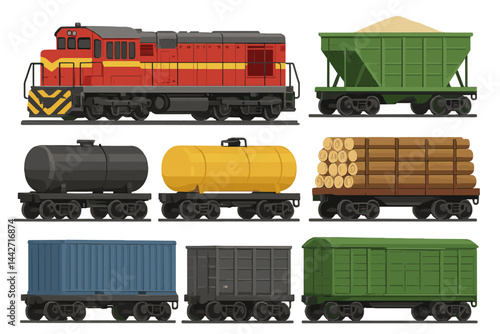 Flat vector illustration of a freight train with various cargo cars including sand, oil, and timber in different colors
