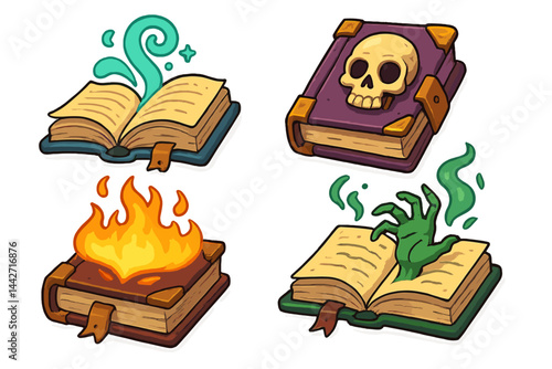 Illustration of magical books with unique covers featuring flames, skulls, and mystical elements