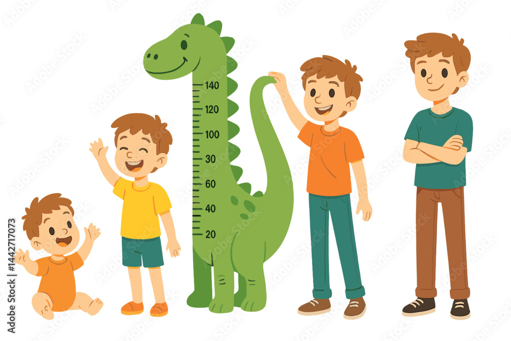 Children enjoying fun time measuring height with a friendly dinosaur height chart in a bright, playful setting Children enjoying fun time measuring height with a friendly dinosaur height chart in a bright, playful setting