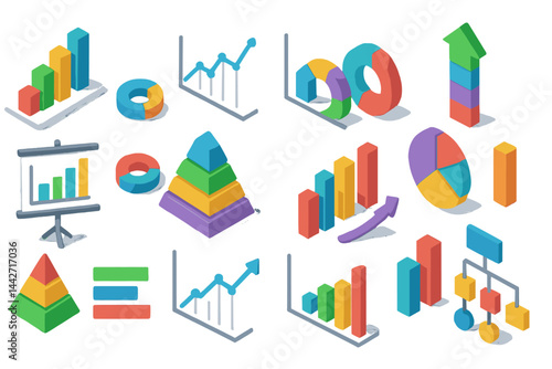 Vector flat illustration of colorful graphs and charts representing data analysis in a modern office setting