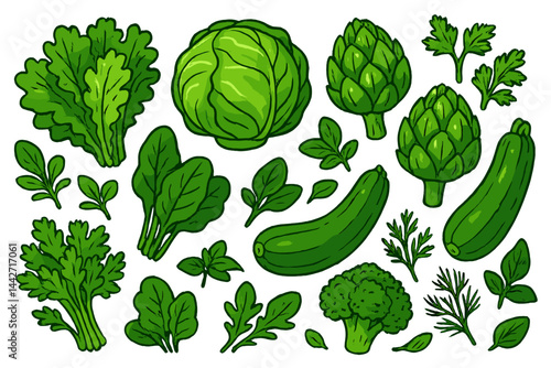 Fresh green vegetables in a colorful vector flat illustration showcasing various types of leafy greens and produce