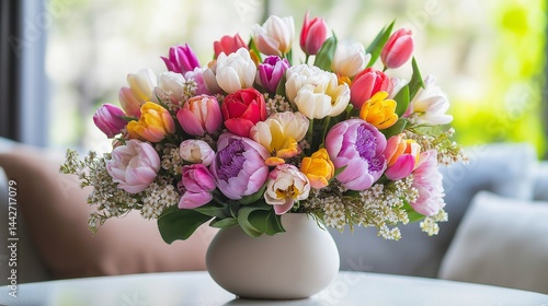 A beautifully styled floral arrangement on a table, featuring colorful flowers like tulips, peonies, and orchids, ideal for a flower salon. 