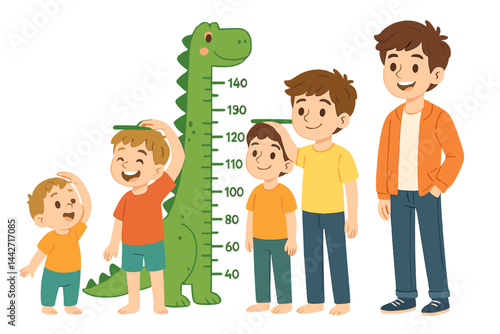 Children measuring height with a colorful dinosaur growth chart in a playful setting