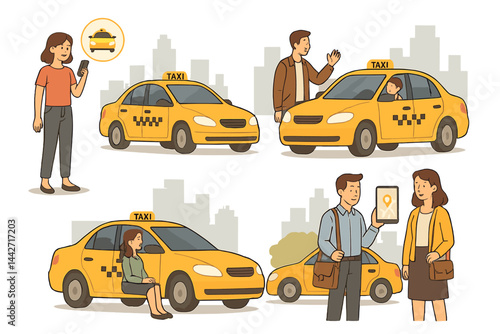 Vector flat illustration of urban taxi interactions including passengers hailing and boarding cabs in a city setting