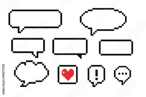 Vector flat illustration of various speech bubbles in pixel art style with a heart, showcasing digital communication concepts