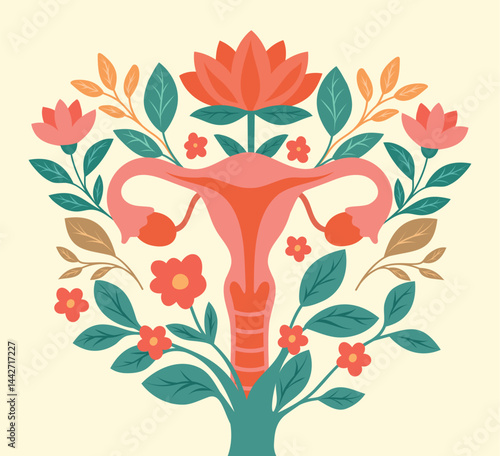 Healthy female uterus. Vector illustration of female uterus with flowers. Women's health day. Concept of women's health, menstrual cycle, ovulation, hormones, gynecology. Use for projects and medicine