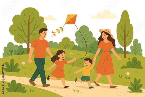 Family enjoys a sunny day flying a kite in a green park while exploring nature together