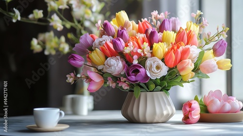 A beautifully styled floral arrangement on a table, featuring colorful flowers like tulips, peonies, and orchids, ideal for a flower salon. 