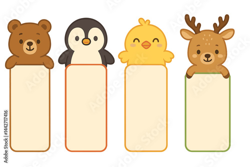 Cute animal bookmarks featuring bear, penguin, chick, and deer for children in a playful design