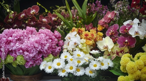 A close-up view of a flower shop's retail display, showcasing an assortment of fresh, hand-tied bouquets in a variety of floral compositions. 