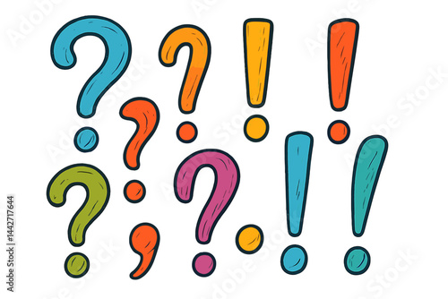 Colorful vector flat illustration of question and exclamation marks in various styles and colors for creative use
