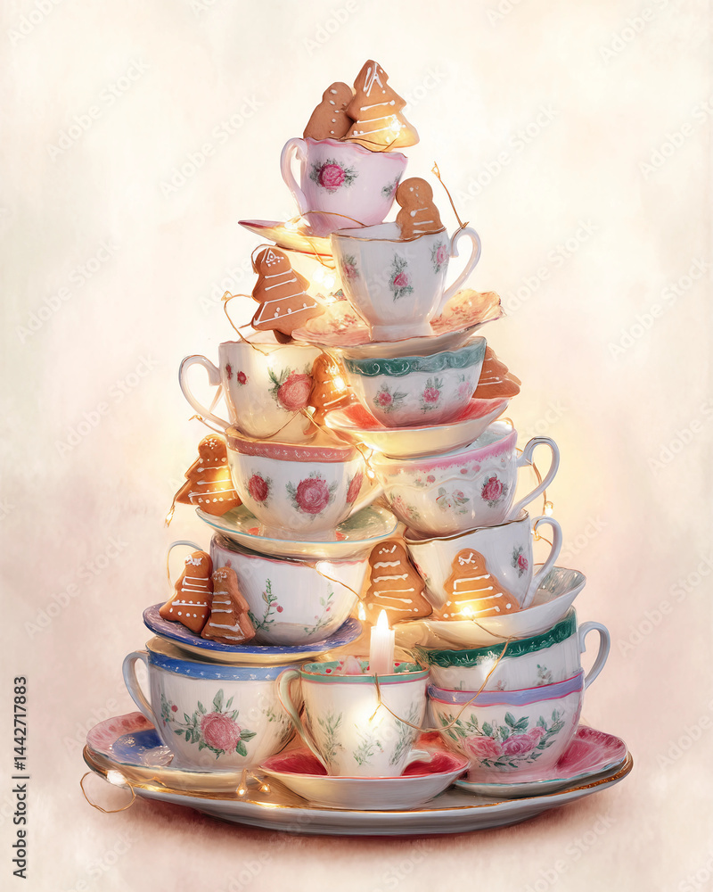 A stack of teacups with cookies on top of them A stack of teacups with cookies on top of them
