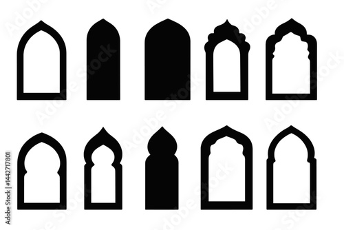 Collection of vector flat illustrations of architectural window shapes commonly found in Middle Eastern design