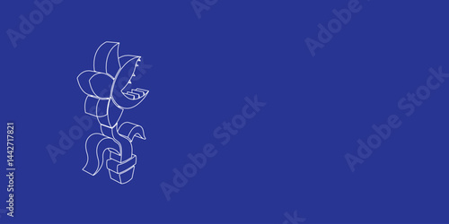 The outline of a large carnivorous plant symbol made of white lines on the left. 3D view of the object in perspective. Vector illustration on indigo background