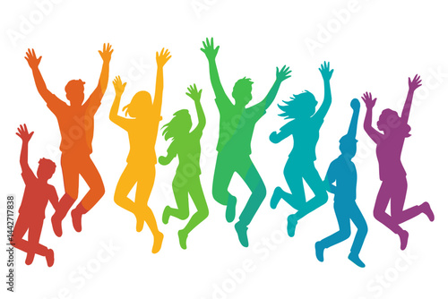 Joyful people jumping together in vibrant colors during a festive celebration