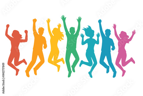 Dynamic jumping silhouettes celebrate joy and energy in vibrant colors during a festive outdoor gathering in broad daylight