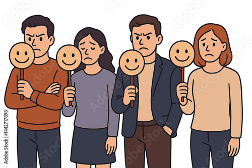 Group of diverse individuals expressing different emotions while holding smiley face signs in a flat vector style illustration