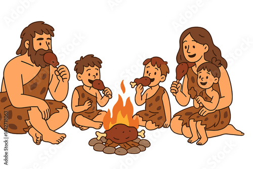 Family gathering around a campfire with roasted food in a prehistoric setting