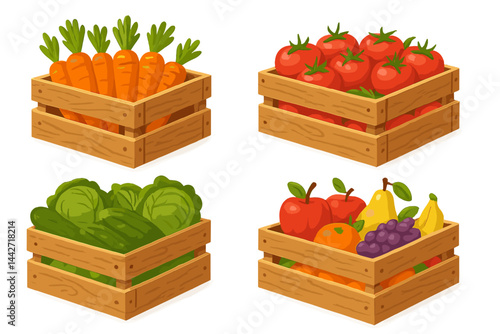 Freshly harvested vegetables and fruits in wooden crates at a local market