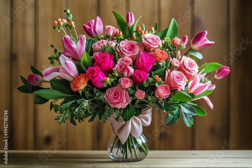 A stunning bouquet of colorful flowers arranged elegantly for Women's Day, showcasing vibrant pink roses,  