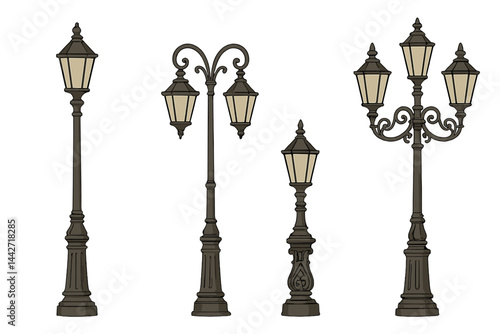 Decorative street lamp designs featuring vintage styles suitable for urban landscapes and public parks in various lighting conditions