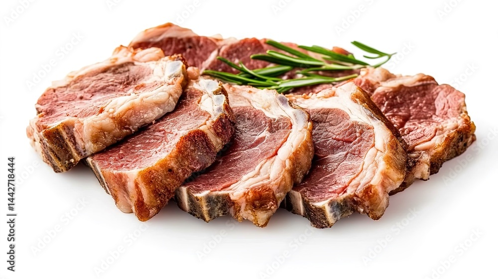 Fototapeta premium Raw meat slices with rosemary sprig on white background.