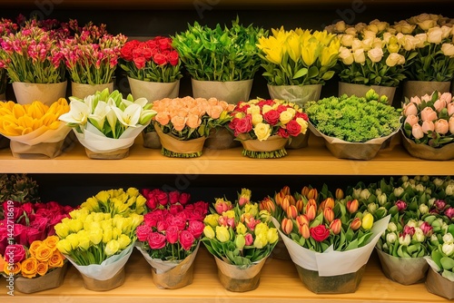 A beautifully arranged flower shop display with a wide selection of vibrant, fresh bouquets for sale. 