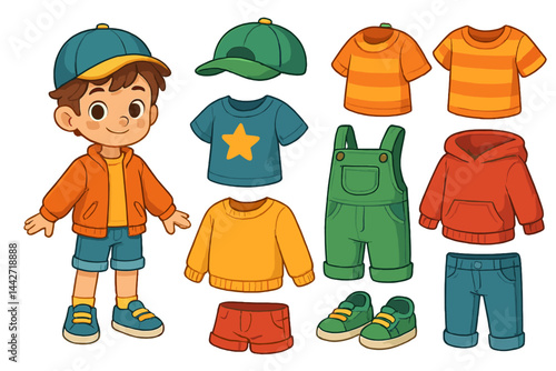 Vector flat illustration of a cheerful boy with various outfits including shorts, t-shirts, and caps in playful colors