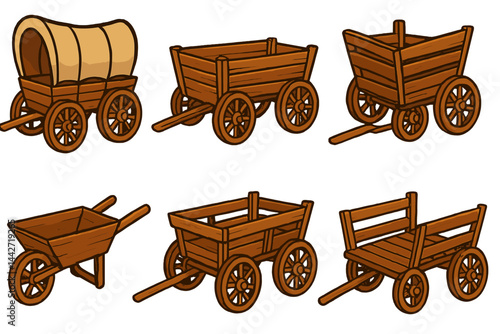 Wooden carts and wagons vector flat illustration showing different types of historical carriages
