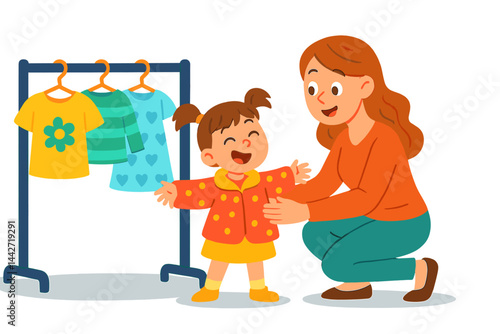 Mother helps child choose colorful clothes in a cheerful clothing shop during daylight hours