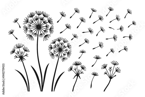 Vector flat illustration of dandelions swaying in the wind against a white background showcasing nature's tranquility