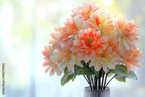 A realistic HD image of a beautifully arranged artificial flower bouquet in a modern vase, featuring vibrant, lifelike petals and delicate details. 