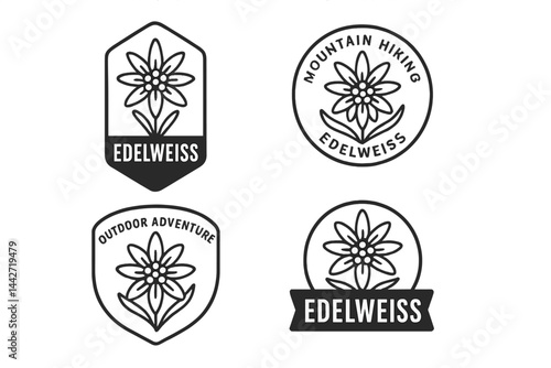 Floral badges showcasing edelweiss design for outdoor adventure and mountain hiking activities