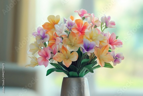A realistic HD image of a beautifully arranged artificial flower bouquet in a modern vase, featuring vibrant, lifelike petals and delicate details. 