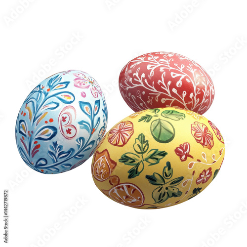 Wallpaper Mural Three vibrantly colored, decorative eggs feature intricate floral designs, perfect for an Easter celebration. Torontodigital.ca