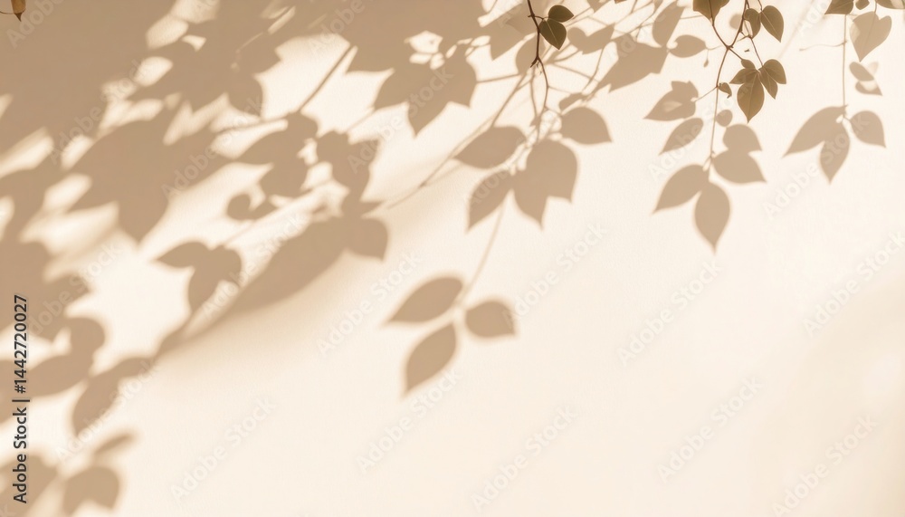 Nature shadows casting beautiful leaf patterns on soft beige wall indoor photography tranquil environment close-up perspective Nature shadows casting beautiful leaf patterns on soft beige wall indoor photography tranquil environment close-up perspective