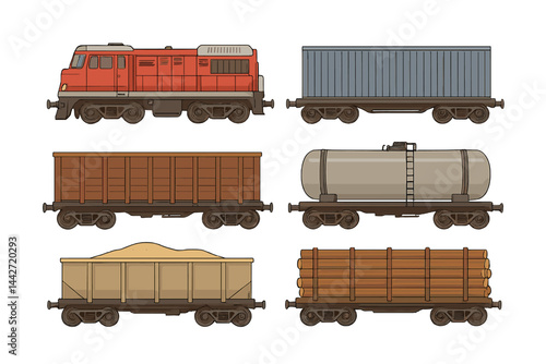 Vector flat illustration of a variety of train cars featuring cargo, goods, and a locomotive on a simple background