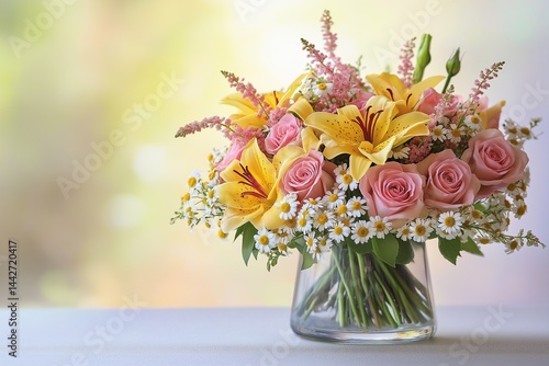 A stunning bouquet of vibrant flowers arranged on a table, perfect for a Women?? Day flower delivery.