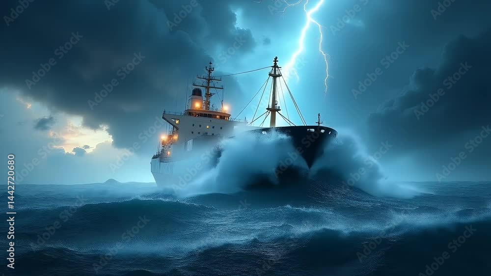 Large ship faces thunderstorm on rough ocean waves
Large ship faces thunderstorm on rough ocean waves
