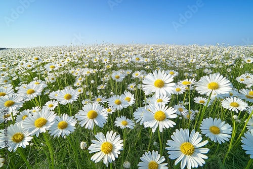 A vast field of wild chamomile flowers, stretching under a clear blue sky. 