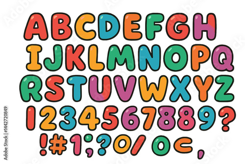 Colorful vector flat illustration of uppercase letters and numbers designed for educational purposes in a cheerful style