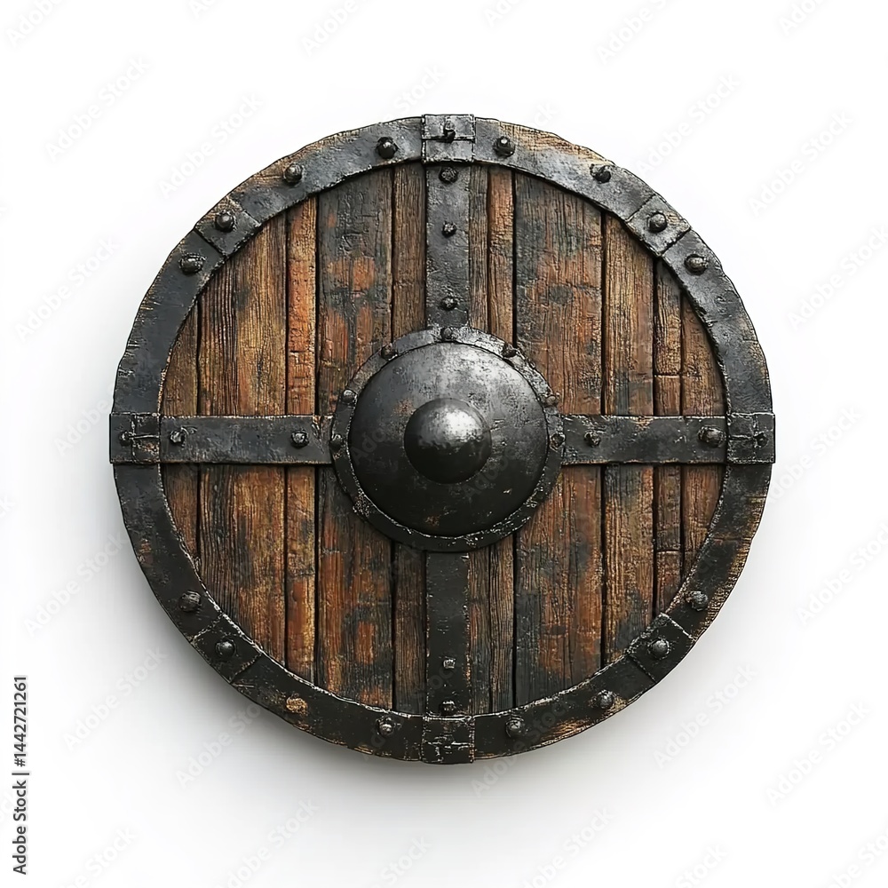 Fototapeta premium Round ancient shield with wooden planks and metal reinforcements.