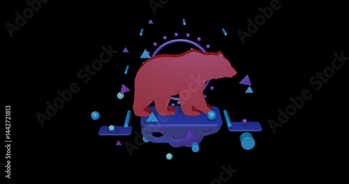 Red bear icon on a pedestal of abstract geometric shapes floating in the air. Abstract concept art with flying shapes in the center. 3d illustration on black background