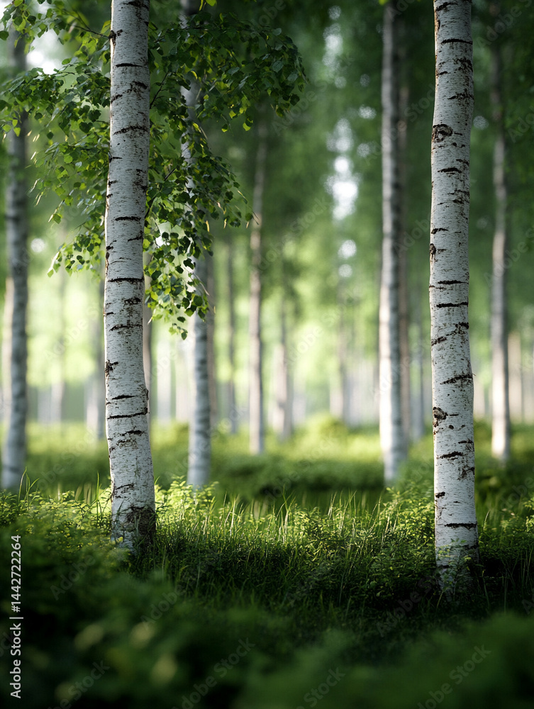 Obraz premium A dense forest with towering birch trees, their white bark contrasting against the green foliage
