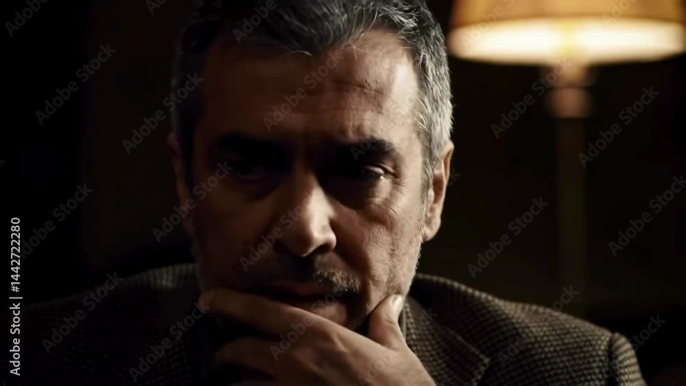 Mature man looking down with hand on chin in low light setting indoors scene 99char Mature man looking down with hand on chin in low light setting indoors scene 99char