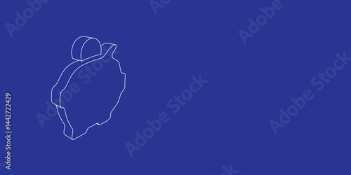 The outline of a large piggy bank symbol made of white lines on the left. 3D view of the object in perspective. Vector illustration on indigo background