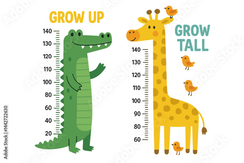 Bright and colorful growth chart featuring a crocodile and a giraffe for children's rooms