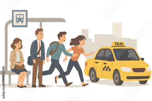 People rushing to catch a taxi at the bus stop during the day in a city environment